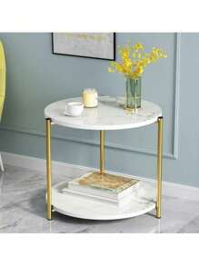 Mesa auxiliar redonda con diseño de mármol, mesa auxiliar moderna y sencilla junto al sofá, soporte de almacenamiento de 2 niveles - Blanco - Ver 1