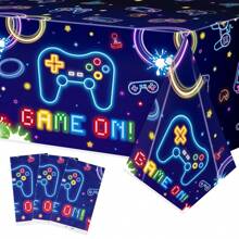 1pc/3pcs Video Game Controller Neon Lights Birthday Tablecloth, Disposable Rectangular Plastic Tablecloth For Game Themed Party, Birthday Party Decorations & Supplies