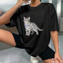 Unisex 100% Cotton Oversized T - Shirt With Stylish Cat Graphic - Black - View 4