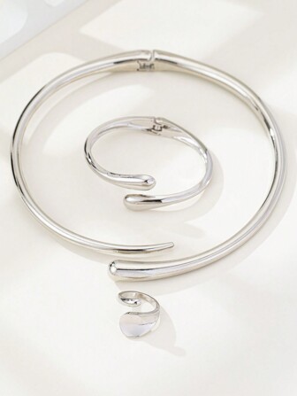 1 套包括 1 件时尚戒指、1 件水滴手链、1 件指甲形项链，锌合金，适合女性日常佩戴、节日礼物、充满活力的校园风格