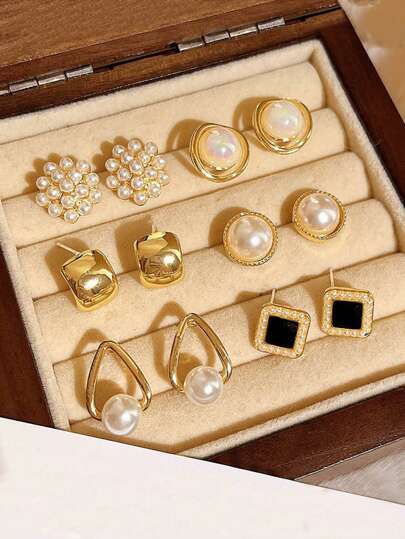 6 件/套简约小复古仿珍珠花簇方形和圆形几何耳环套装，适合女性日常和节日佩戴情人节、妈妈、母亲、母亲节、礼物