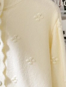 JIANHU 韩式针织开衫 - 秋冬柔软蓝色毛衣，带有 3D 花朵细节和荷叶边纽扣饰边，可爱的高领夹克，适合日常和办公室穿着 - 白色 - 查看 5