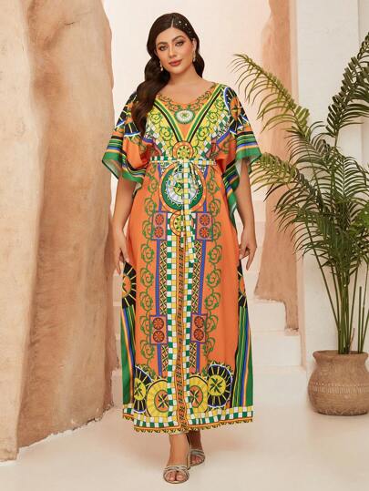 Plus Size Magiacy-Classy, Nova Chegada, Decote em V, Grande Burca Árabe Feminina, Romântico Estampado Contraste, Elegante, Robe