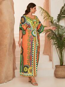 Plus Size Magiacy-Classy, Nova Chegada, Decote em V, Grande Burca Árabe Feminina, Romântico Estampado Contraste, Elegante, Robe