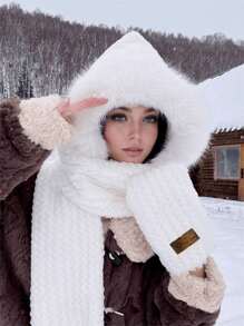3pcs/Set Women's Winter Fleece Hooded Scarf Gloves Combo, Warm And Windproof, For Autumn And Winter