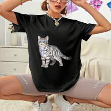 Unisex 100% Cotton Oversized T - Shirt With Stylish Cat Graphic - Black - View 3