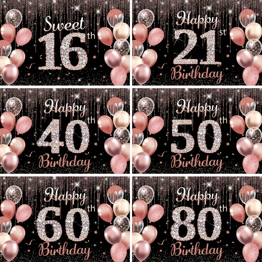1pc "Happy Birthday" Backdrop Banner, Black/Silver/Rose Gold, Party Decorations For 16th 21st 40th 50th 60th 80th Birthday, Photo Booth Accessories, Glitter Balloon