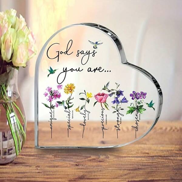 1pc Contemporary Acrylic Heart-Shaped Prayer Sign With Inspirational Bible Verses, Floral Design - Christian Tabletop Decor For Home, Office - Unique Gift For Women