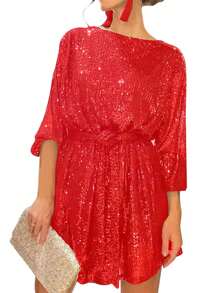 S Sequin Party Dress, Sparkle Long Sleeve Round Neck Short Cocktail Dress With Belt - Red - View 1