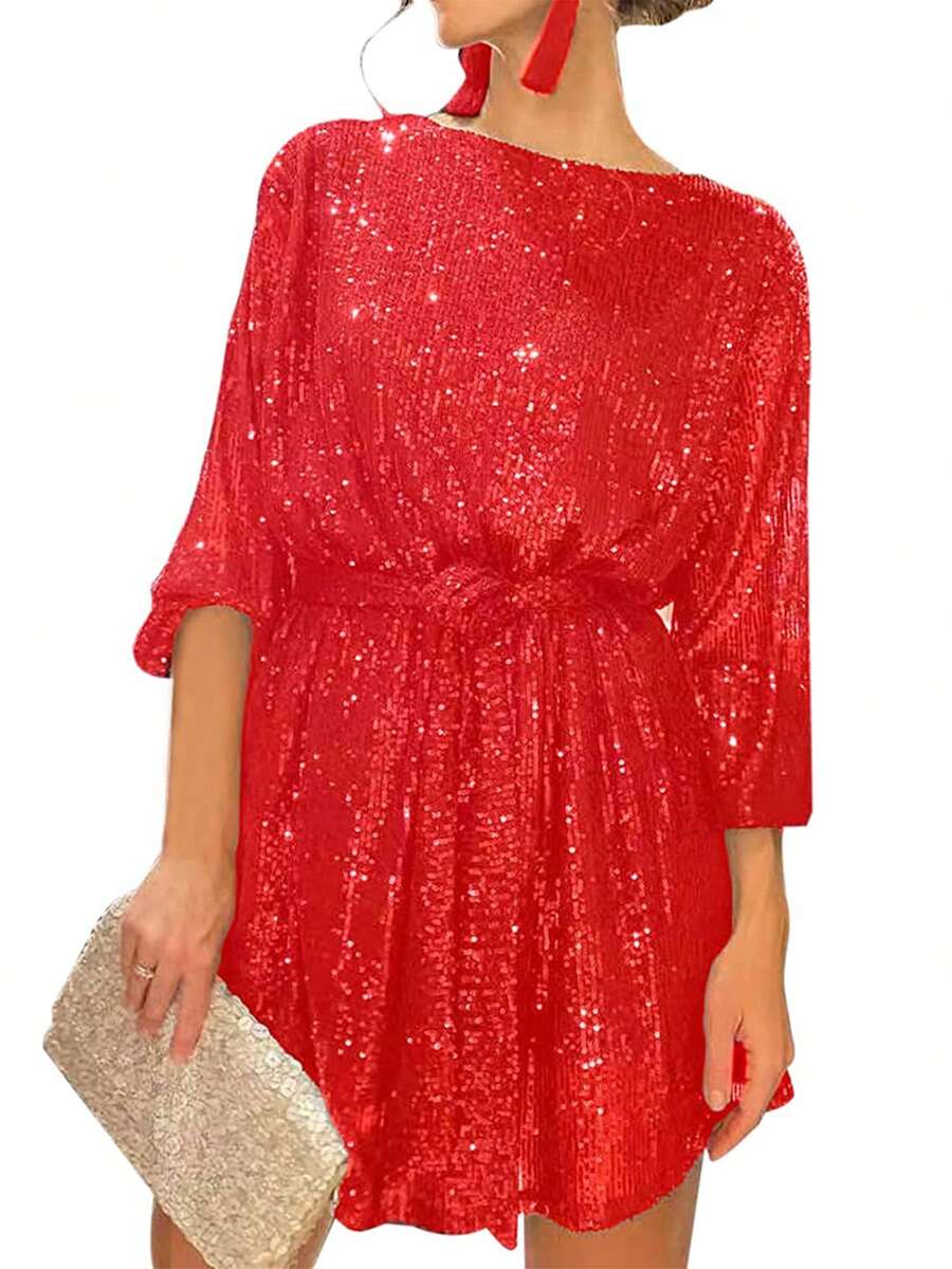 S Sequin Party Dress, Sparkle Long Sleeve Round Neck Short Cocktail Dress With Belt - Red - View 1