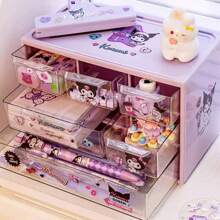 Organizador de mesa Sanrio com 6 compartimentos - Caixa de armazenamento de gaveta transparente com adesivos fofos de Kuromi, Melody e Cinnamoroll, presente de dia das mães