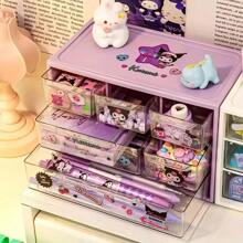 Organizador de mesa Sanrio com 6 compartimentos - Caixa de armazenamento de gaveta transparente com adesivos fofos de Kuromi, Melody e Cinnamoroll, presente de dia das mães