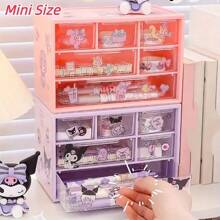 Organizador de mesa Sanrio com 6 compartimentos - Caixa de armazenamento de gaveta transparente com adesivos fofos de Kuromi, Melody e Cinnamoroll, presente de dia das mães