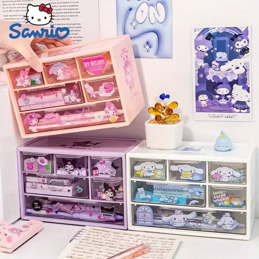 Organizador de mesa Sanrio com 6 compartimentos - Caixa de armazenamento de gaveta transparente com adesivos fofos de Kuromi, Melody e Cinnamoroll, presente de dia das mães