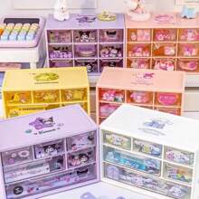 Organizador de mesa Sanrio com 6 compartimentos - Caixa de armazenamento de gaveta transparente com adesivos fofos de Kuromi, Melody e Cinnamoroll, presente de dia das mães