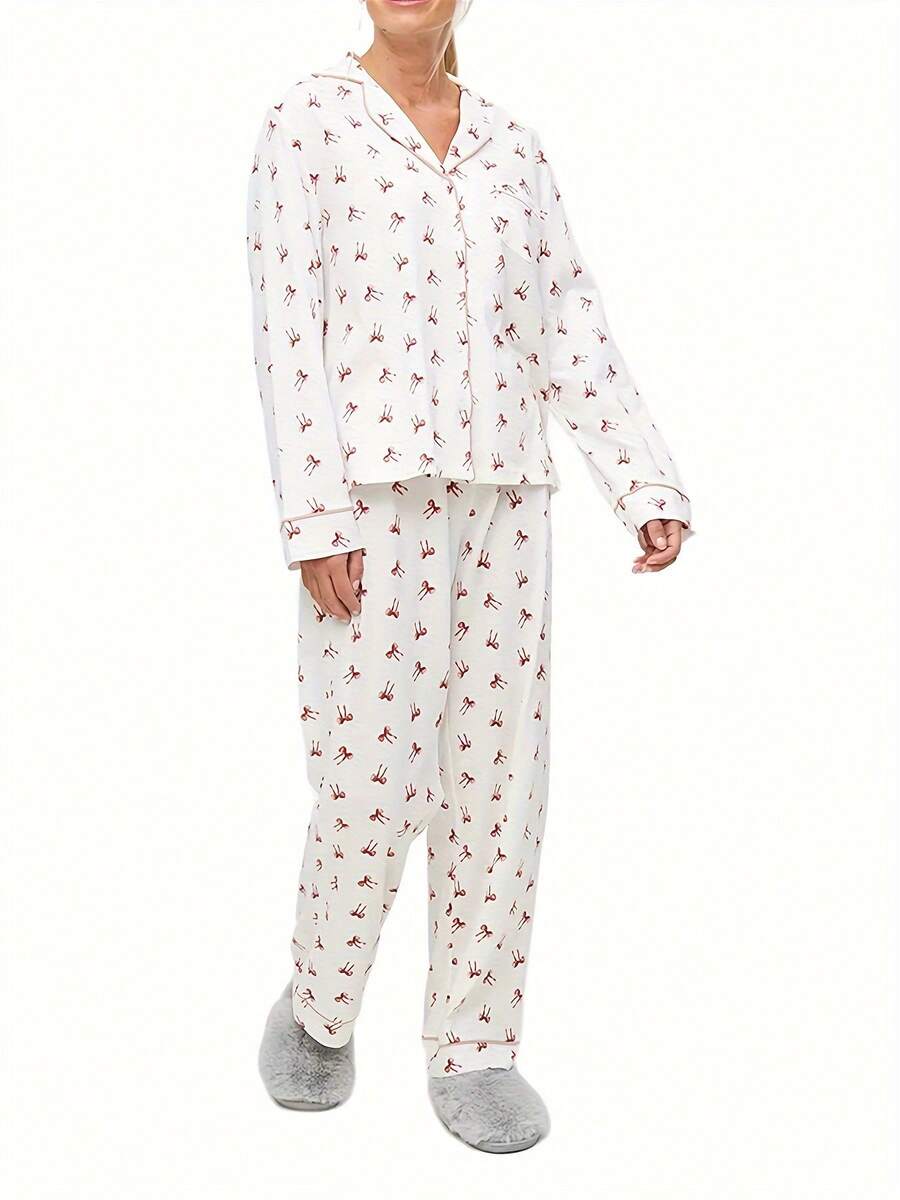 Cute Bow Pajama Set For Women Y2k 2 Piece Pjs Long Sleeve Button Down Pajama Shirt Palazzo Pants Set - 白色 - 查看 1