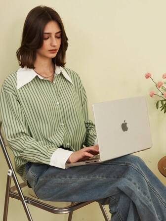 女士竖条纹舒适时尚长袖衬衫，简约百搭宽松办公室衬衫，春季