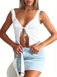 Women Y2K Low Cut Tie Up Front Camisole Sleeveless Lace Trim Cut Out Crop Tops V Neck Ruffle Frill Tank Top Going Out Vest - trắng - Xem 3