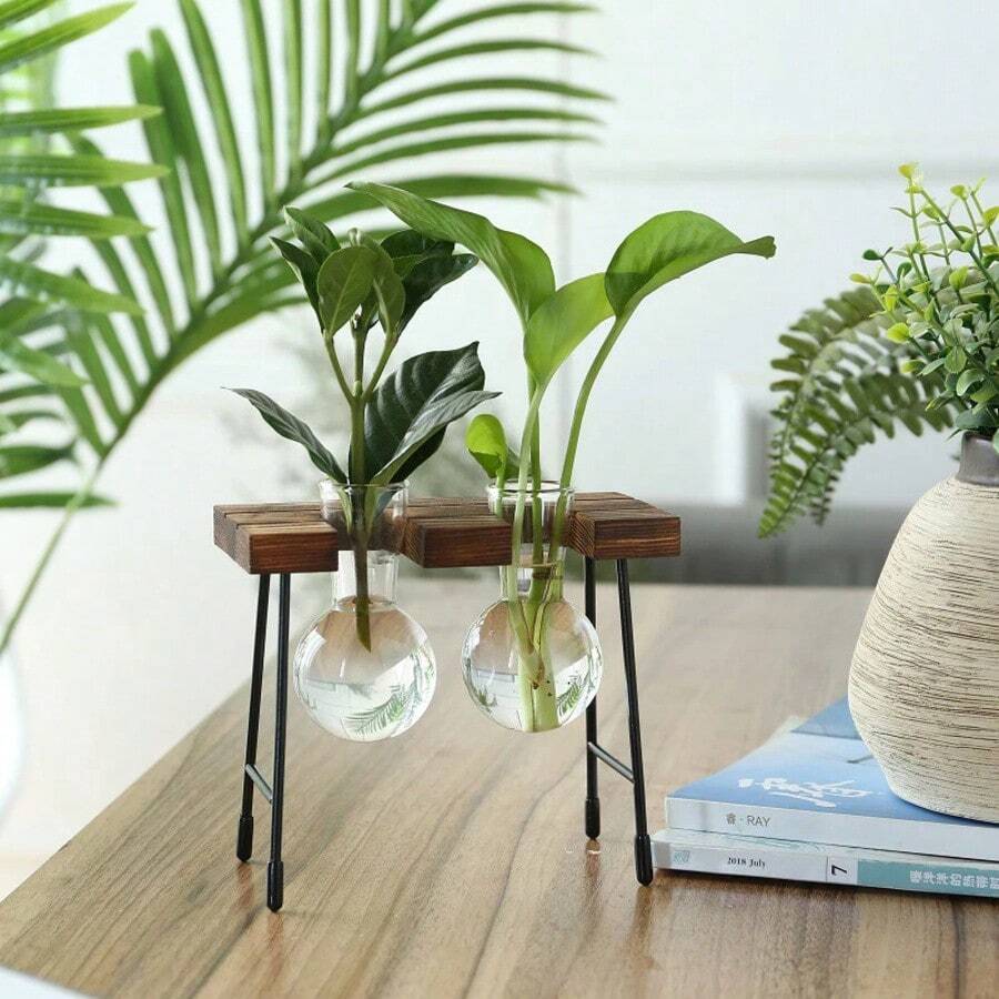 Creative Wooden Frame Hydroponic Plant Container Glass Bulb Vase Home Tabletop Decor Vases Beaker Glass Planter Bonsai - Khaki - View 1
