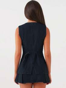 Women's 2 Piece Denim Skirts Outfits Solid Color Buttons Sleeveless Denim Tank Tops Jean Skirts Clothes Set - Dark Grey - View 4