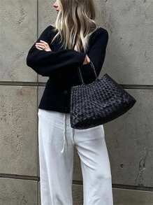 Women's Solid Color Cardigan Long Sleeve Crew Neck Button Down Sweater Knit Tops With Pockets Fall Fashion For Women - Black - View 3