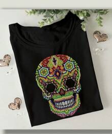 Black T-Shirt And Flared Pants Set For Women With SKULL COLORED DOTS Design