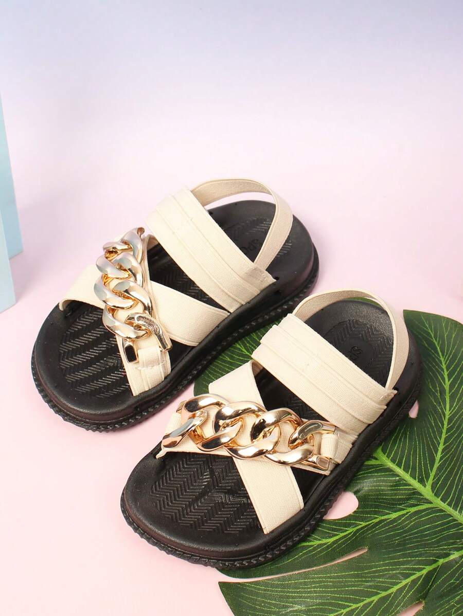 1 Pair Beige Baby Girl Sandals, Elastic Backstrap, Versatile Casual Simple Design, Comfortable Summer Outdoor Shoes - Beige - View 1