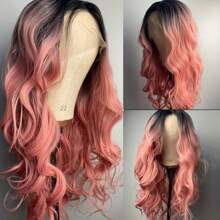 13x4 Pink Long Wave Lace Front Wigs Rose Pink Dark Root Wig For Women Fluffy Hair Texture Natural High Temperature Synthetic Fiber Glueless Wig For Daily Party Cosplay 26 Inch - Màu hồng ombre - Xem 3