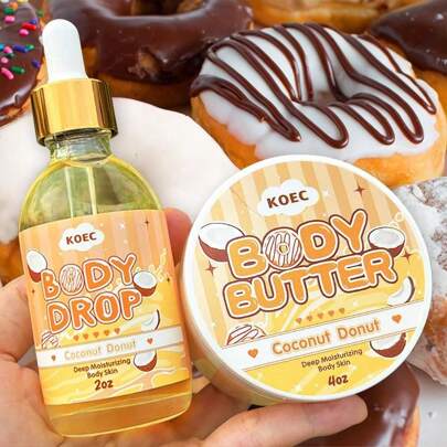 KOEC 椰子甜甜圈身体乳及身体精华双效套装，持久留香身体护理产品，身体保湿油