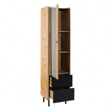 Credenza in legno con 3 scomparti e 2 cassetti, vetrina in vetro con illuminazione LED gialla (180 x 44 x 40 cm)