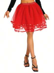 Women Mesh Skirt With Elastic Wide Waist, Solid Color Multi-Layer Structure Summer Clothing - 紅色 - 查看 6