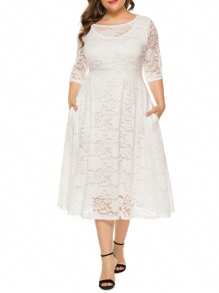 Women's Floral Lace Midi Dress Pockets Half Sleeve Scoop Neck Plus Size Beach Party Evening Flowy Dress - White - View 1