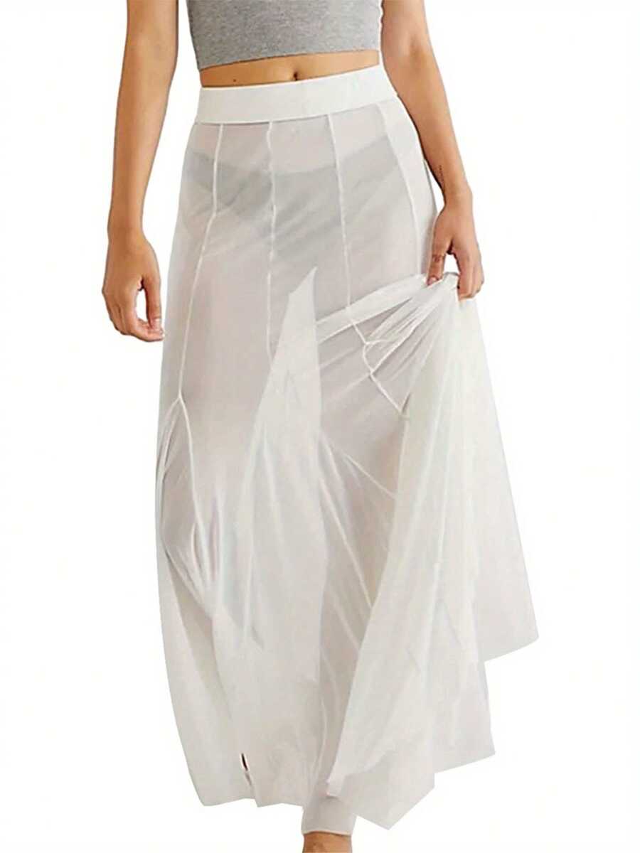 Women Sheer Mesh Long Maxi Skirts Cover Up See-Through Beach Flowy Long Tulle Skirt