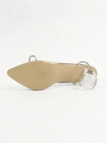 女士时尚优雅香槟金金属鞋头水钻蝴蝶结装饰透明踝带高跟凉鞋，镂空透明鞋跟设计，适合夏季迷人派对和户外婚礼活动