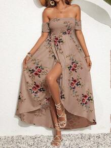 Vestido con estampado floral elegante vestido de hombros descubiertos moda para mujer - Caqui - Ver 1