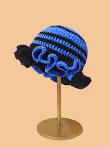 1pc Contrast Color Knitted Large Ruffle Brim Handmade Crochet Beanie (Hat Color Random)