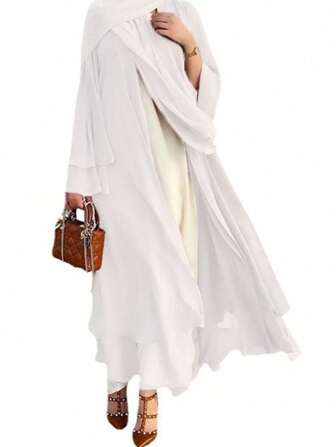 朴素斋月长袖前开式休闲连衣裙，伊斯兰简约女士连衣裙