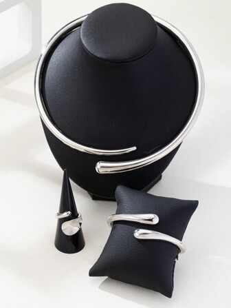 1 Set Includes 1pc Fashion Ring, 1pc Water Drop Bracelet, 1pc Nail Shape Necklace, Zinc Alloy, Suitable For Women's Daily Wear, Holiday Gift, Energetic School Style