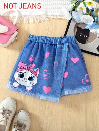 Kleine Mädchen 3D-bedruckte Jeans-Effekt Shorts mit asymmetrischem Design und elastischem Bund, für Outdoor-Sport im Sommer