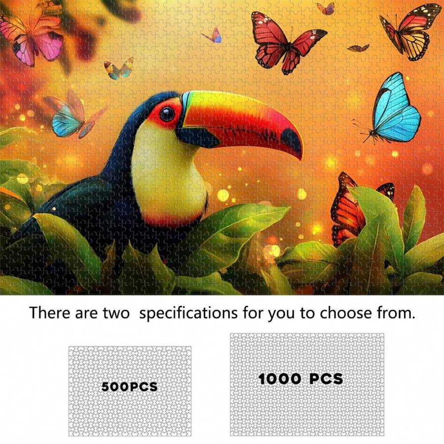 Rompecabezas de madera de 500/1000 piezas con tema de tucán tropical y mariposa: Vistoso tucán con mariposas de colores revoloteando a su alrededor, fondo naranja brillante, diversión y calor de vacaciones, entretenimiento de rompecabezas de madera desafiante, sorpresa creativa de vacaciones, adecuado para decoración de dormitorio y cumpleaños - multicolor - Ver 1
