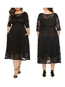 Women's Floral Lace Midi Dress Pockets Half Sleeve Scoop Neck Plus Size Beach Party Evening Flowy Dress - Black - View 3