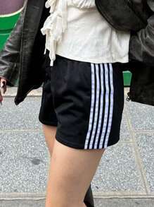 Women's Striped Shorts Casual Loose Elastic Waist Sport Short Pants With Pockets For Summer - Black - View 4