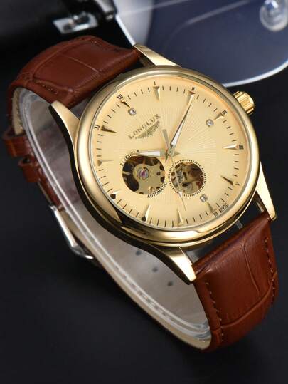 LONGLUX 1pc Men's Hollow Automatic Mechanical Watch, Fashionable Casual Leather Strap Watch, Gift