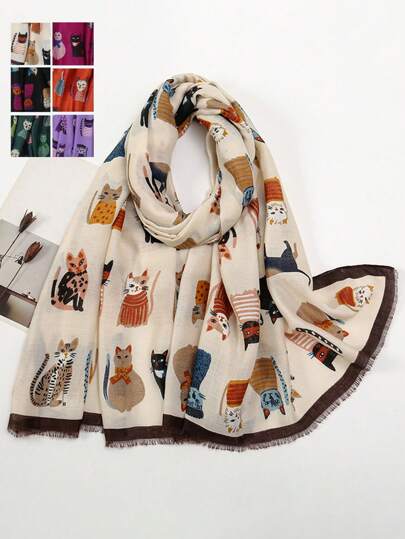 1pc Women Bohemian Style Tassel Cat Printed Scarf Shawl