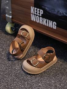 1 Pair Kid's Close-Toe Sandals With PU Uppers, Anti-Slip Thick Soles, Hook And Loop Closure