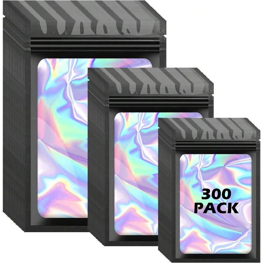 300 Pcs Holographic Mylar Bags, 3 Size Smell Proof Bags With Clear Window Foil Pouch Bags Resealable Bags For Small Business And Food Storage, Black - 黑色 - 查看 1