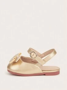 1 Pair Baby Girls Round Toe Flat Soft Bottom Slip-On Metallic Gold/Silver Fashion Sweet Versatile Casual Shoes, Suitable For Spring, Summer, Autumn - Gold - View 5