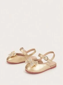 1 Pair Baby Girls Round Toe Flat Soft Bottom Slip-On Metallic Gold/Silver Fashion Sweet Versatile Casual Shoes, Suitable For Spring, Summer, Autumn - Gold - View 4