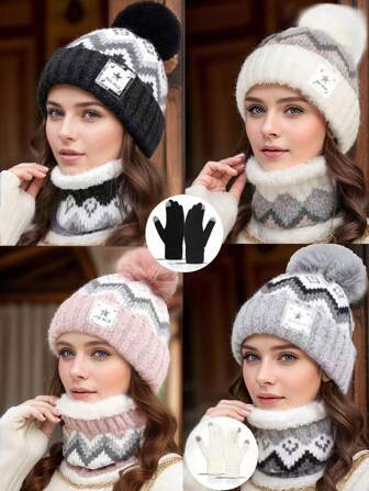 3 件套女士韩版休闲套装：帽子、围巾、手套、针织帽，适合秋冬日常使用