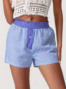 Women's Plaid Shorts Casual Loose Fitting Elastic Waist Short Pants Summer Lounge Shorts - Blue - View 7